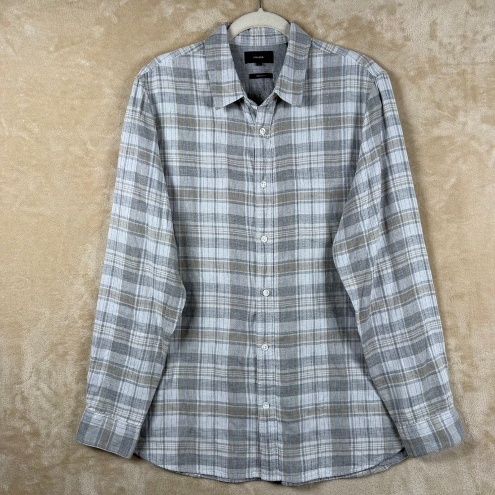 Vince Mens L Grey Tan Plaid Cotton Slub Long Sleeve Button Down Shirt Preppy